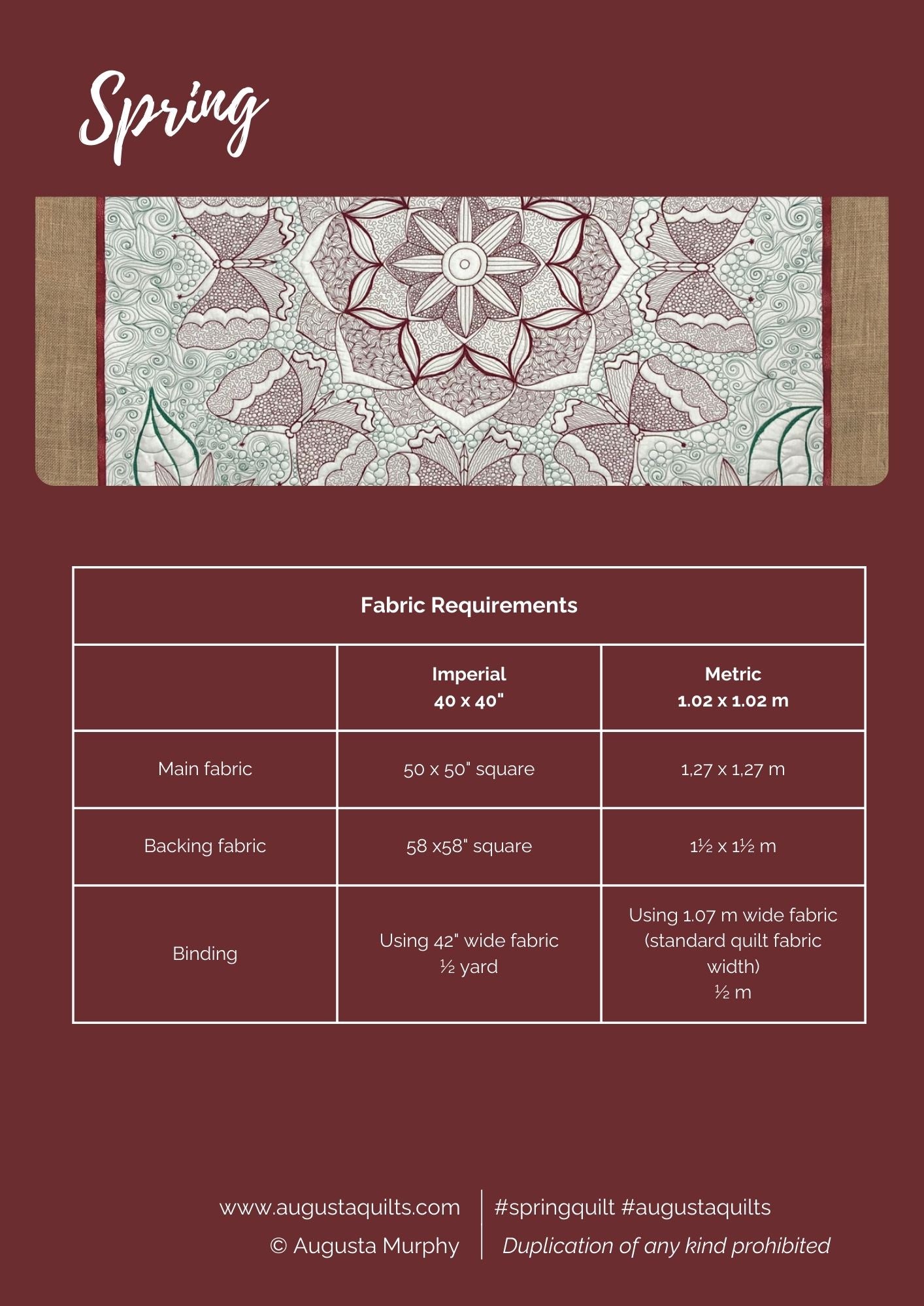 Spring Whole Cloth Quilt Pattern - pdf